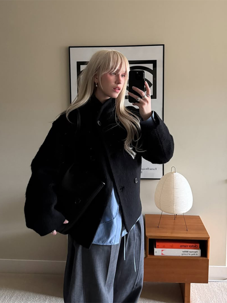 Femmes mode solide laine manteaux décontracté col haut manches longues simple boutonnage ample recadrée manteau dame rue loisirs vêtements d'extérieur