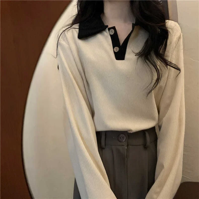 Économie à manches longues pour femmes, col rabattu, pulls basiques, t-shirts de style preppy doux, mode coréenne décontractée, automne