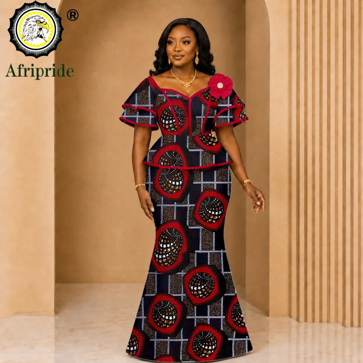 Vêtements africains pour femmes, hauts élégants à manches évasées avec fleurs et jupe longue trapèze, ensemble imprimé Ankara, tenues 2626052