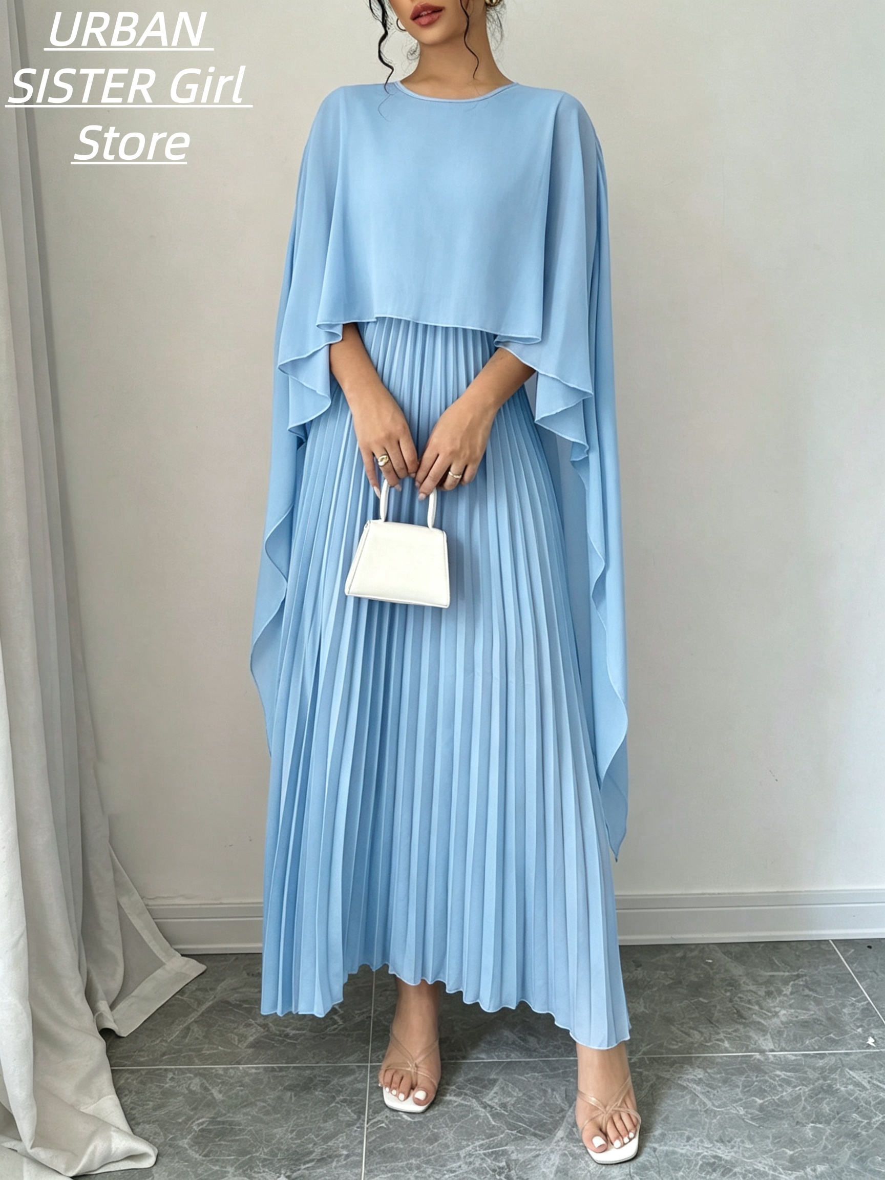 Robe cape bleu clair à col rond et manches volantées, robe longue plissée drapée avec un design effet deux pièces, robe longue pour banquets et vacances
