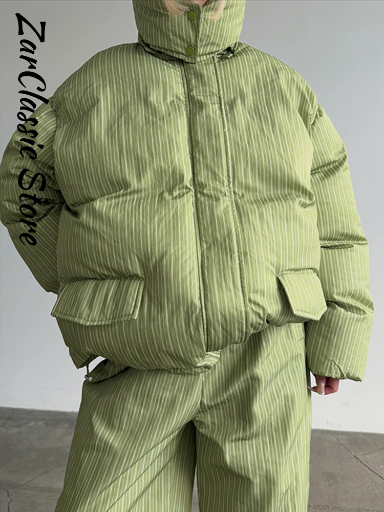 Ensemble décontracté pour femme : Manteau rembourré en coton à rayures, veste à capuche zippée à manches longues et pantalon à taille élastique – Collection Hiver 2026