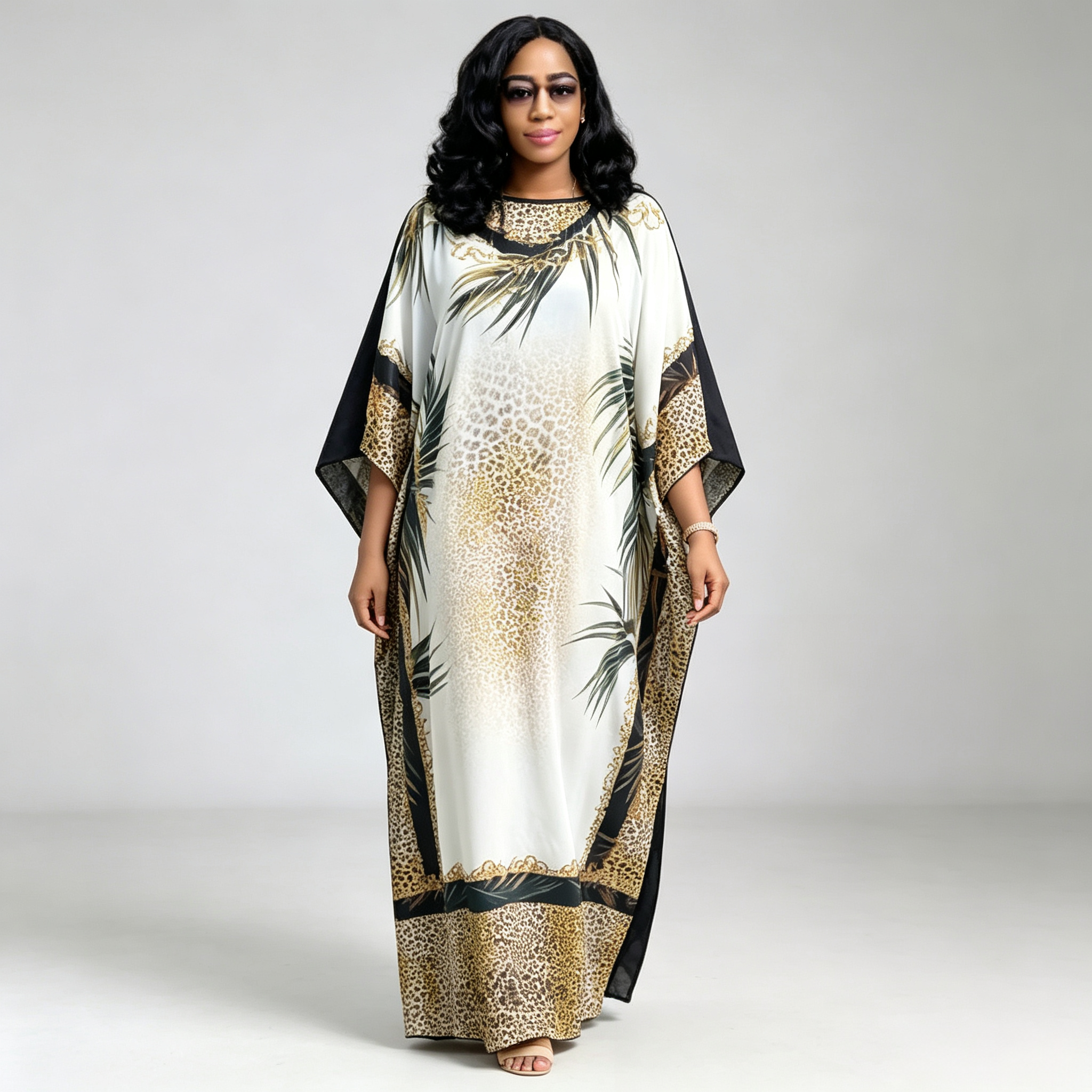 Robe Kaftan Africaine pour Femme, Imprimé Léopard Blanc et Palmiers, Abaya Ample Droite, Robe Longue Maxi Noire Pure, Grande Taille, Robe Longue Musulmane