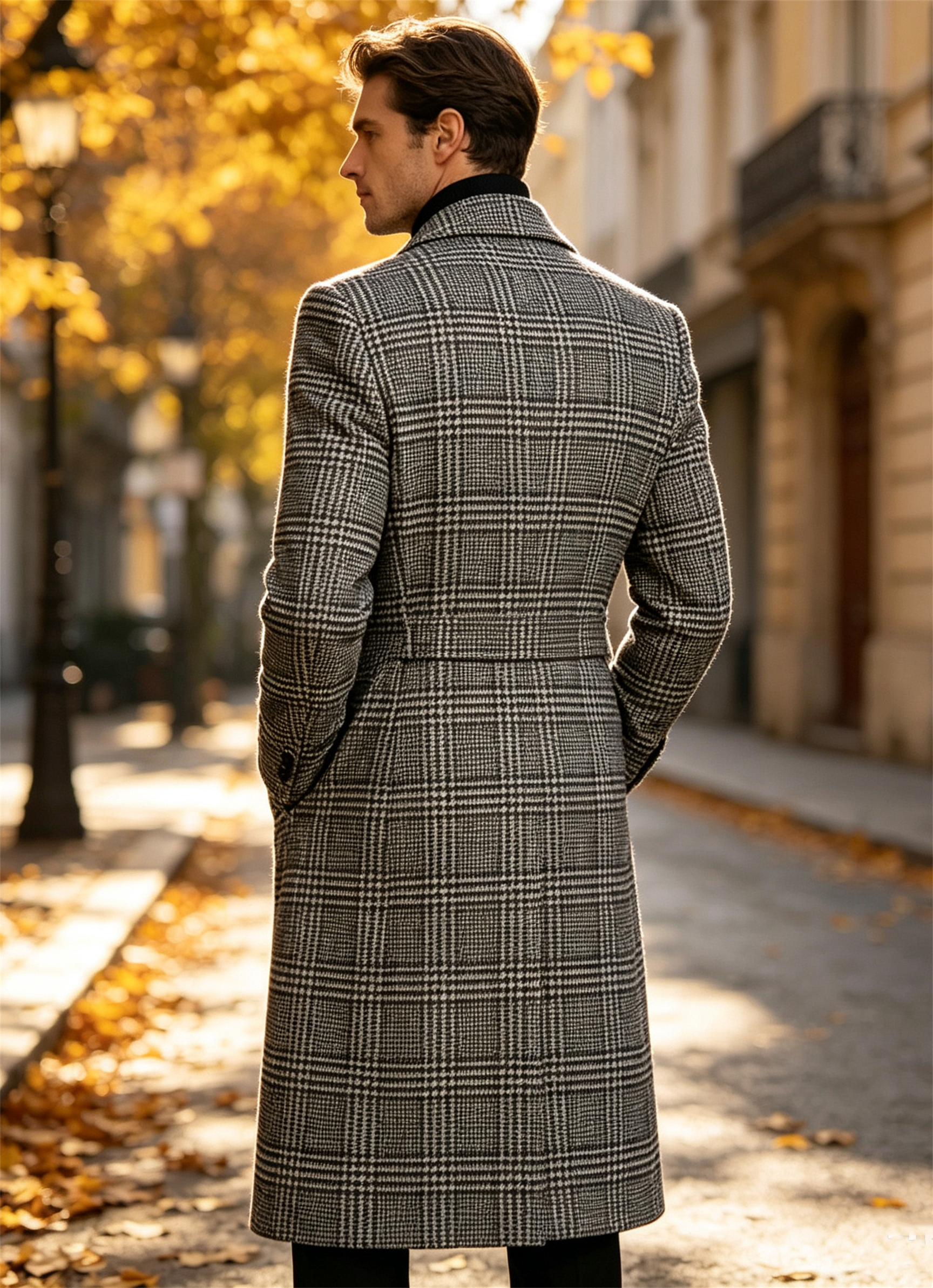 Manteau trench décontracté pour homme, coupe classique ajustée, col à revers, motif pied-de-poule, long manteau croisé avec poches