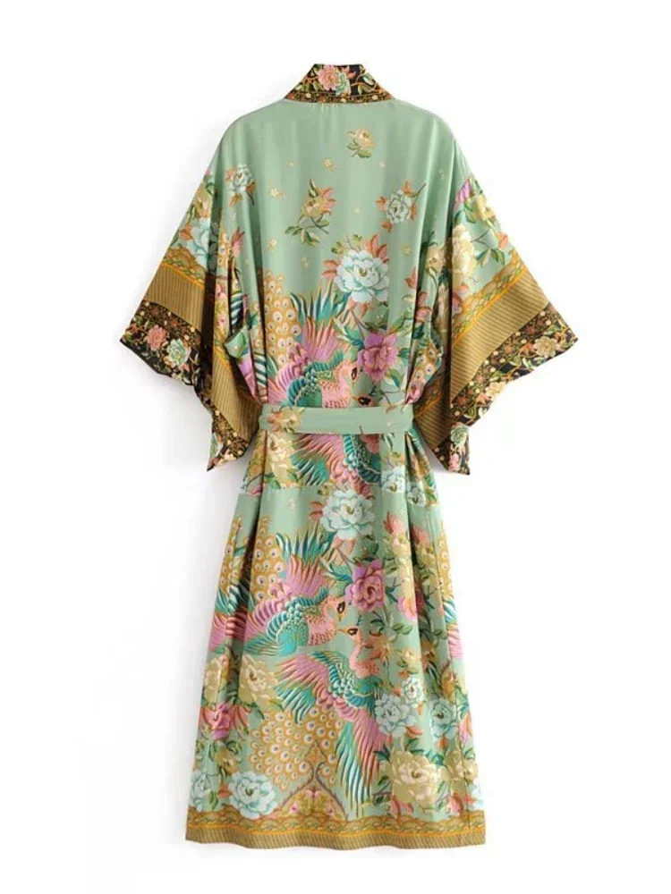 Paon imprimé fleuri manches chauve-souris plage bohème Kimono Robe pour femmes dames vêtements de plage Robe d'été Bikini Boho couvertures