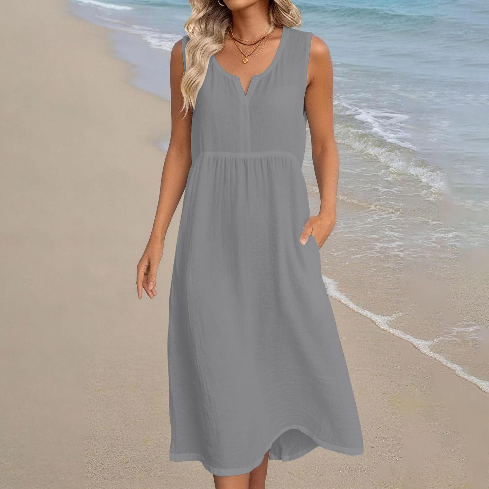 Robe midi en coton pour femmes, avec poches latérales, sans manches, col rond, taille haute, ample, décontractée, couleur unie, robe de plage, été
