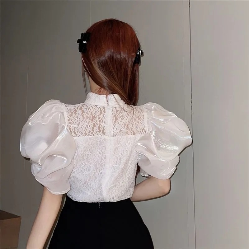 Chemisier en maille à volants pour femmes, mode coréenne, chemise à manches courtes lanterne, vintage, solide, col rond, t-shirt décontracté, été