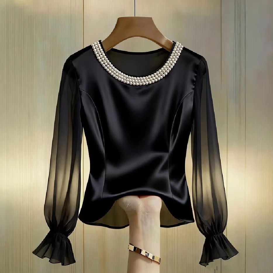 Chemisier élégant en satin pour femme, manches longues transparentes, en soie, avec col rond perlé, coupe ample, tendance été