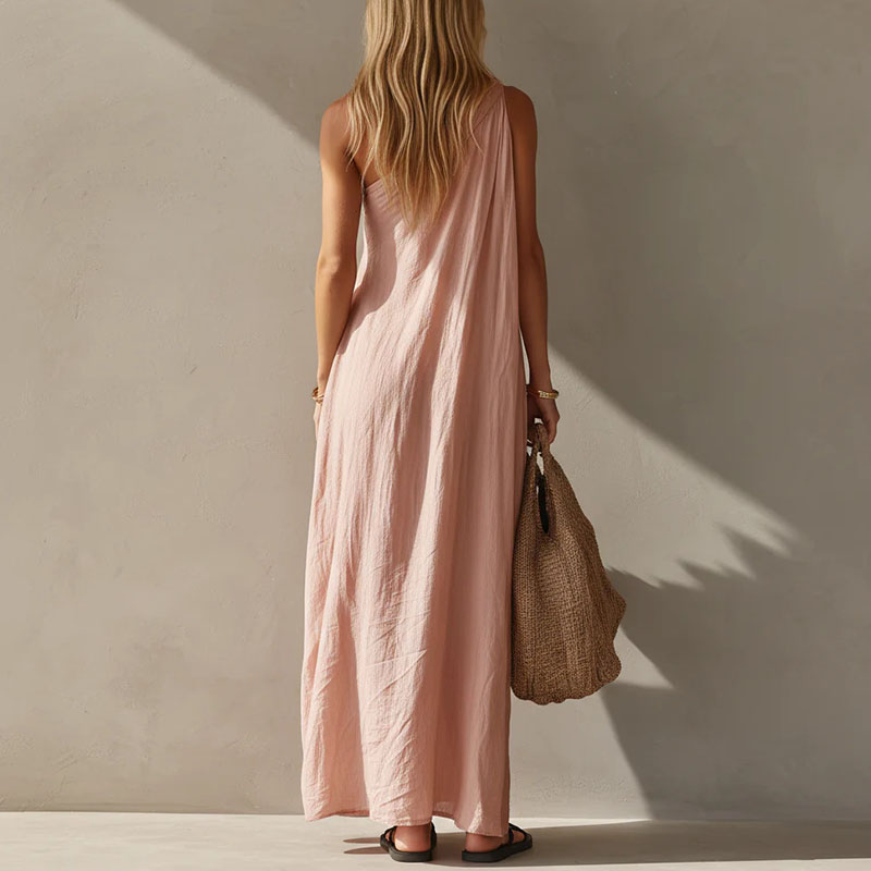 Robe longue drapée asymétrique pour femme, style bohème uni, sans manches, coupe ample, ligne A, élégante, pour la plage et les vacances