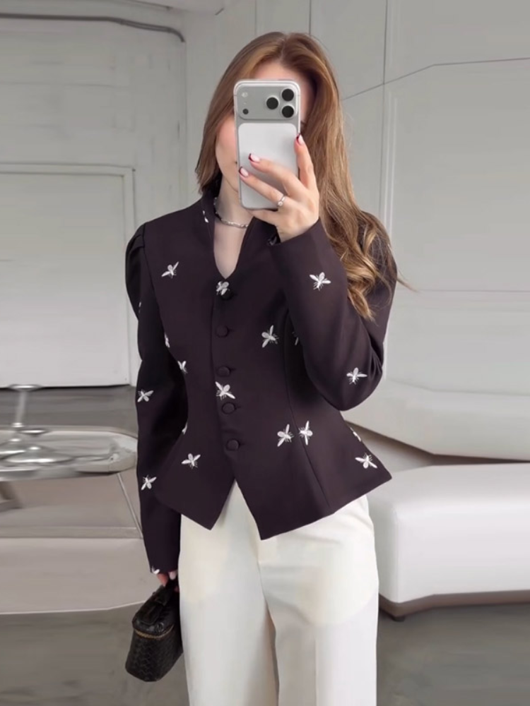 Manteau décontracté pour femme à imprimé floral, col montant, manches longues évasées, simple boutonnage, collection automne 2026, polyvalent pour le quotidien