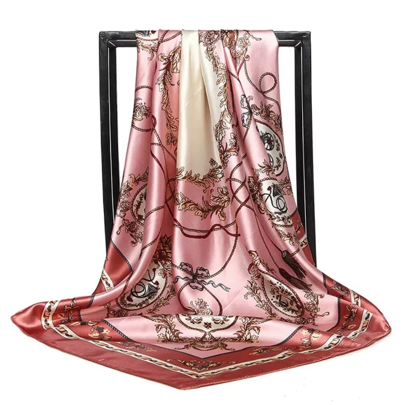 Écharpe en satin 90x90cm pour femmes, écharpe en chaîne imprimée de fleurs de cajou, nouveau style printemps et été, châle pour femmes, nouveau style 2024