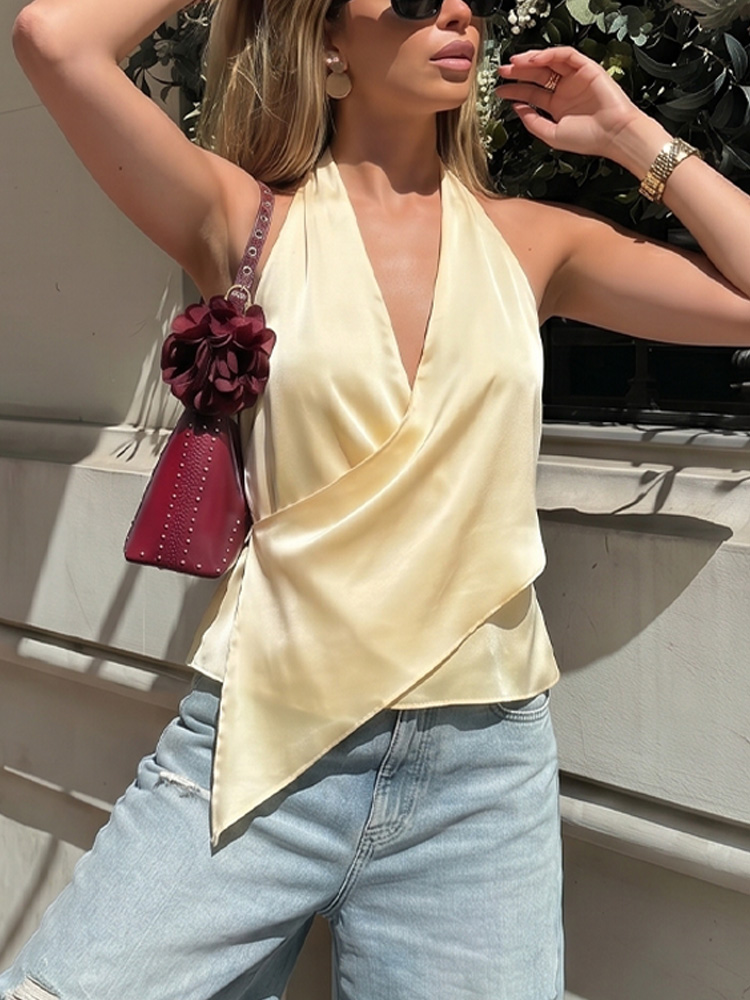 HH Hauts Halter Femme Tendance, en Satin Élégant, à Ourlet Asymétrique Drapé, Sans Manches, Style Gilet d'Été, Décontracté pour Soirée, à Pois