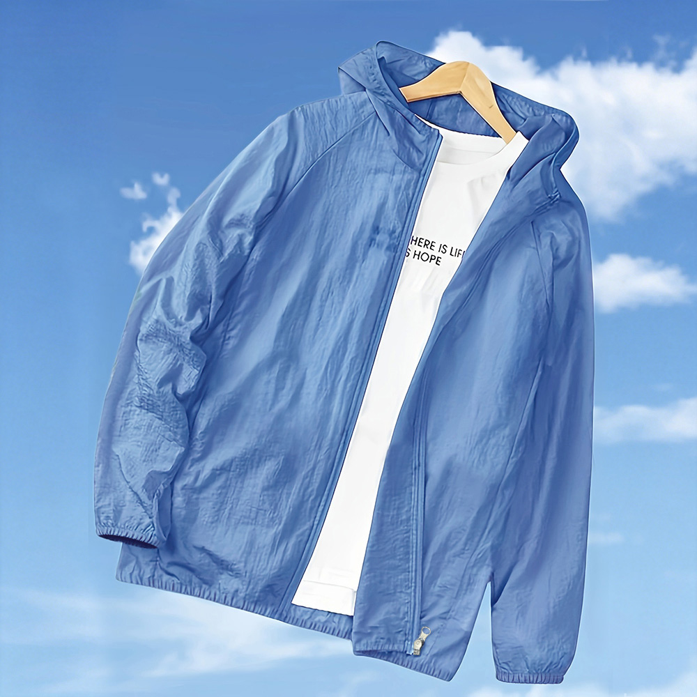 Vestes d'été pour hommes, légères, à séchage rapide, couleur unie, avec capuche, fermeture éclair, protection solaire, vêtements en soie glacée