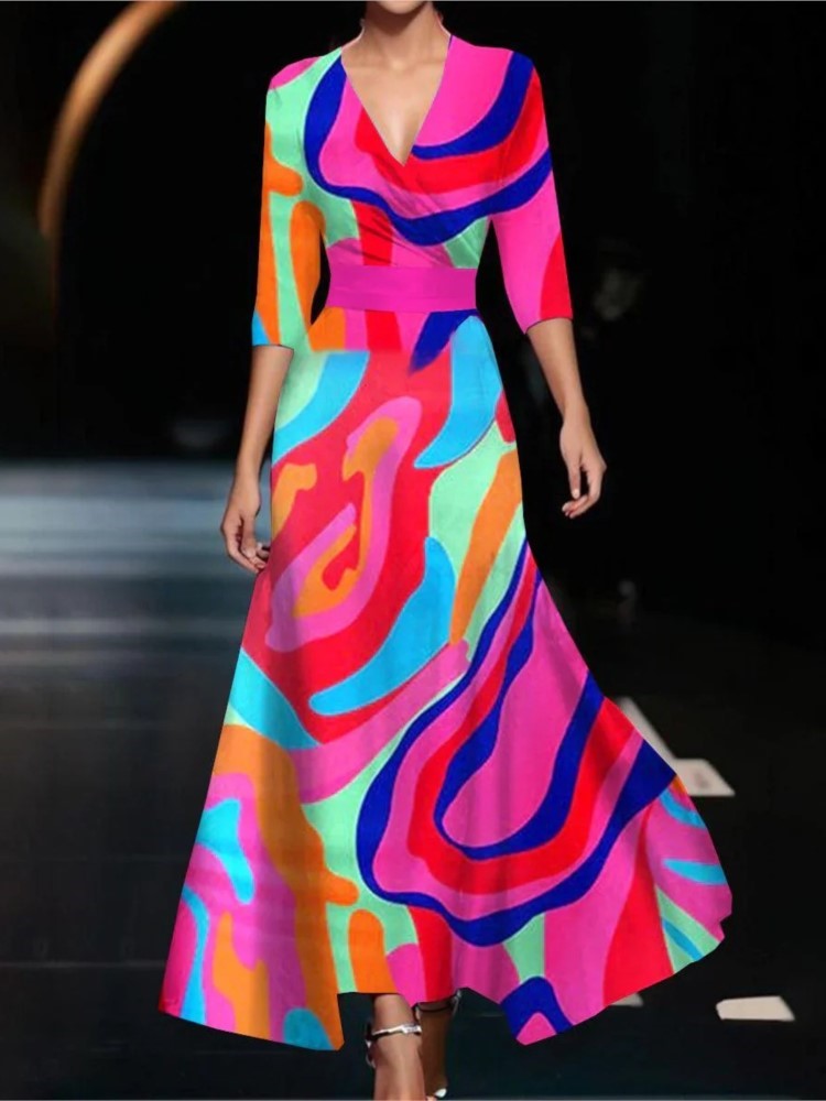 Robe à manches trois-quarts à col en V pour femmes, taille élégante, impression florale, robes décontractées pour femmes, printemps, automne, nouveau, à la mode