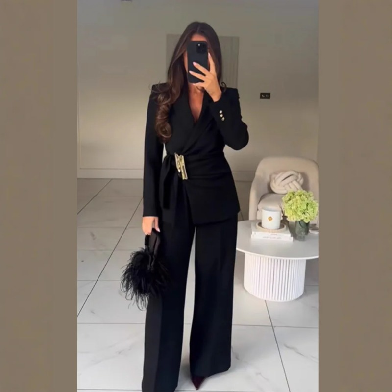 Ensemble tailleur pantalon pour femme, deux pièces, avec blazer à manches longues et pantalon droit, orné de boucles – Tenue chic pour femme