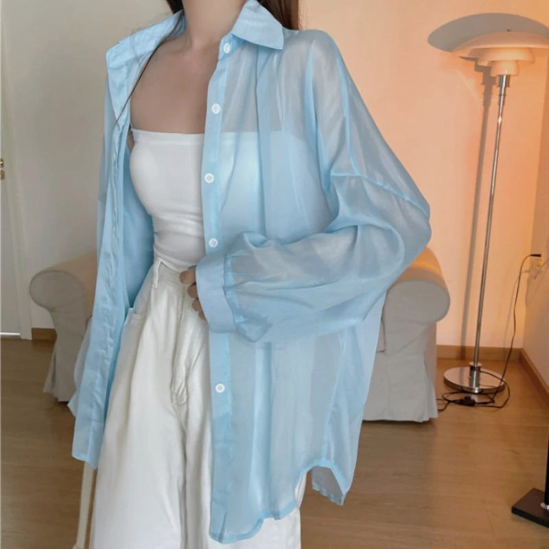 Femmes chemise à manches longues haut chemisier femme en mousseline de soie lâche été Cardigan mince Sexy couleur unie chemise décontractée vêtements d'extérieur loriзрач coi