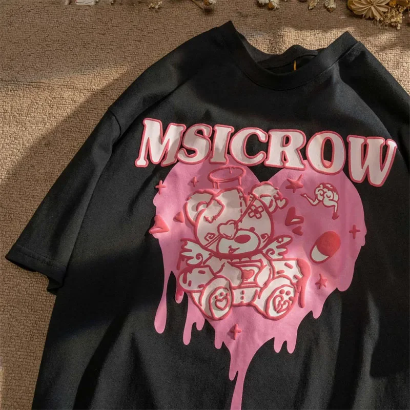 T-shirt Kawaii pour femmes, imprimé ours rose coréen, manches courtes, t-shirt Harajuku pour femmes, vêtements streetwear pour femmes
