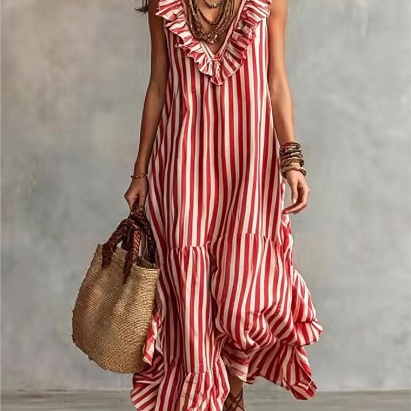 Nouvelle Robe d'Été 2026 pour Femme – Col en V, Volants, Rayures, Style Bohème Décontracté, Élégante, Unique, Tendance Niche, Confortable et Simple – Vestidos