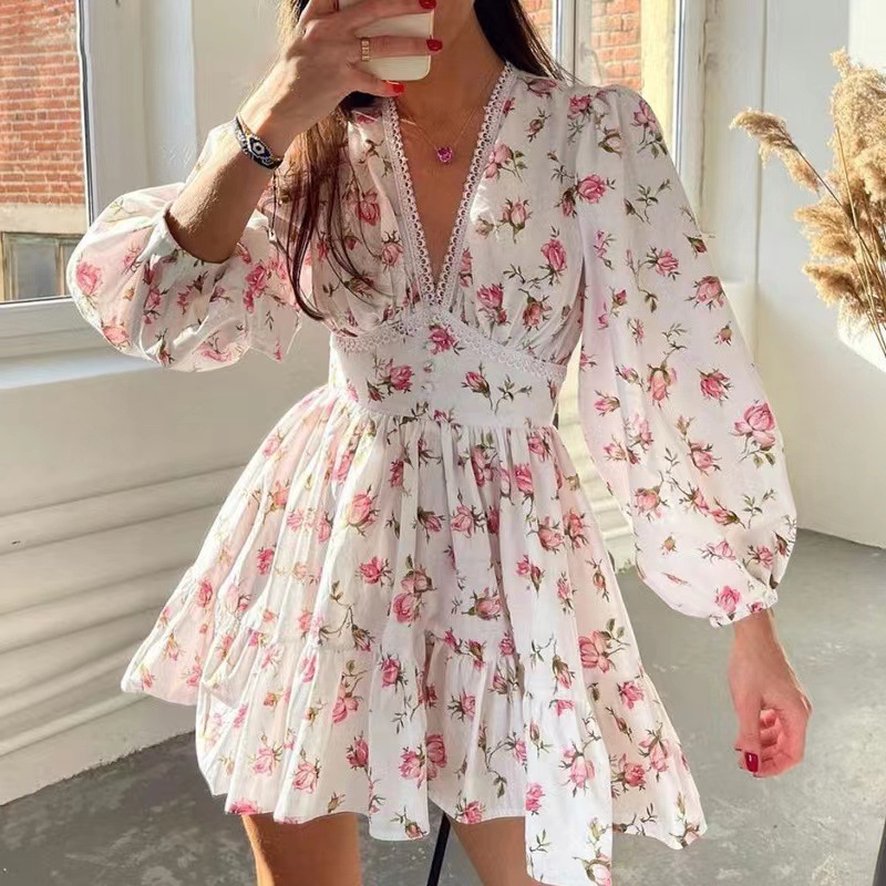 Femmes imprimé fleuri Mini robe taille haute a-ligne été automne à manches longues col en V robes Vintage plage vacances robes décontractées