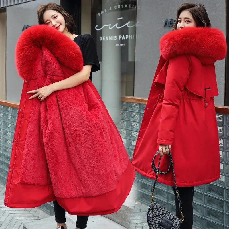 Veste d'hiver 2026, nouvelle parka pour femme, manteau long, doublure en laine, veste à capuche, col en fourrure, épaisse, chaude, vêtements de neige, parka rembourrée 6XL