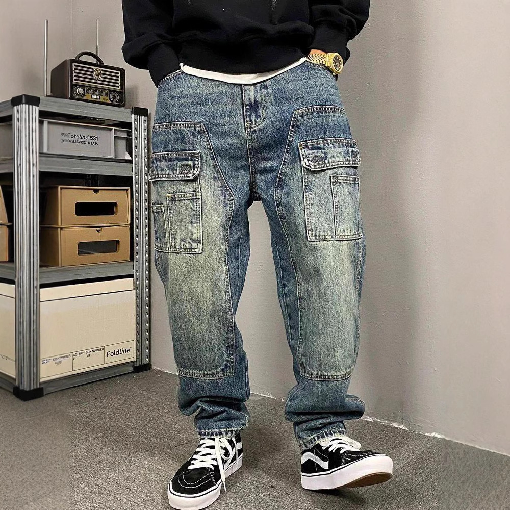 Jeans de travail vintage délavés décontractés américains pour hommes au printemps et en automne, style de rue, pantalons coniques amples.