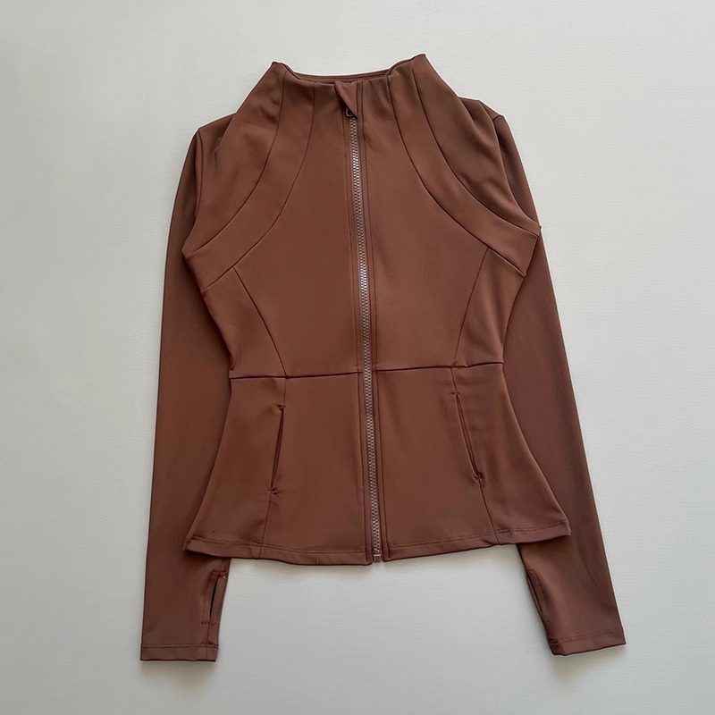 Veste de yoga zippée pour femme, col montant, manches longues, coupe ajustée, avec poches et trous pour les pouces, pour le fitness, la course et les activités sportives