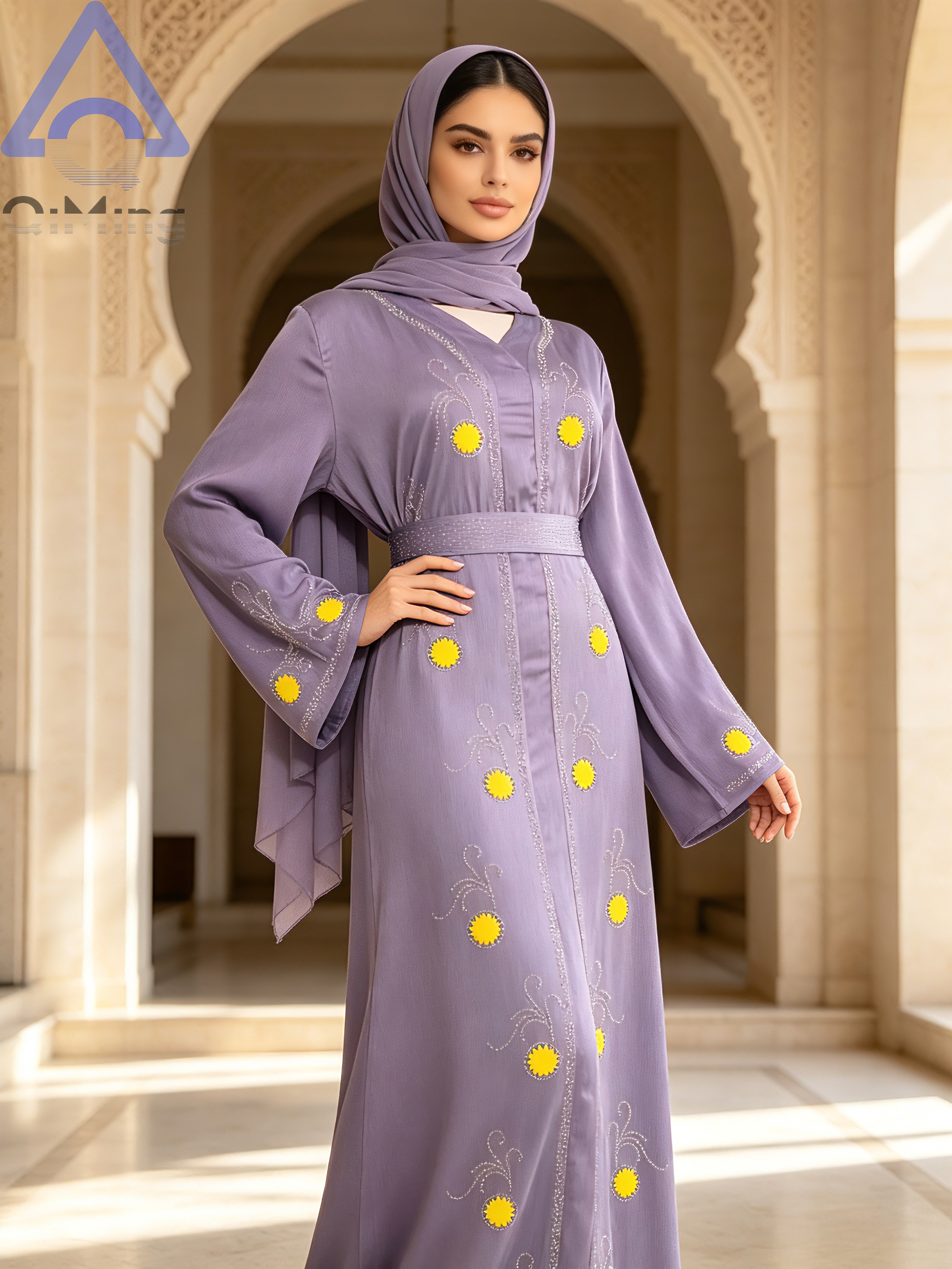 Kaftan Abaya Musulmane pour Femme, Robe Longue Marocaine Violette à Col en V et Strass, Modèle Dubai, Robe Islamique Élégante pour le Ramadan