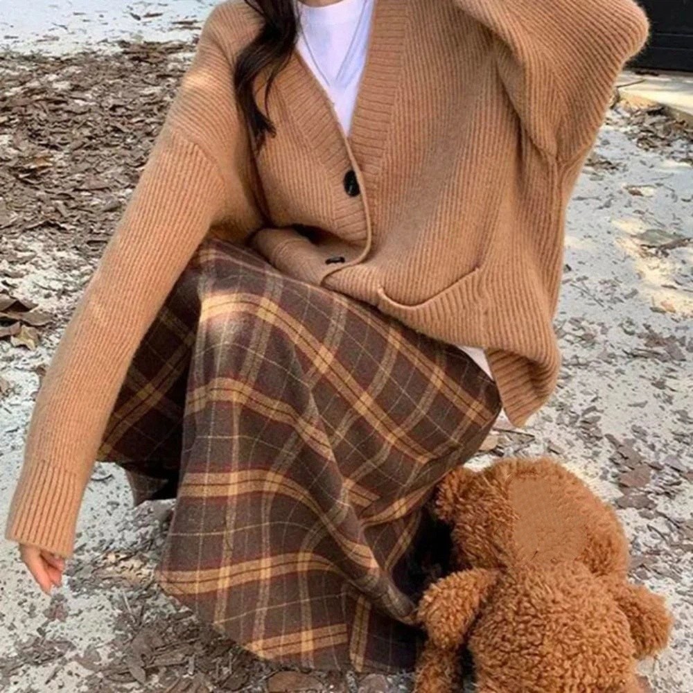 Taille haute rétro jupe à carreaux coupe ajustée hiver automne taille haute jupe longue Style Preppy esthétique a-ligne demi robe filles