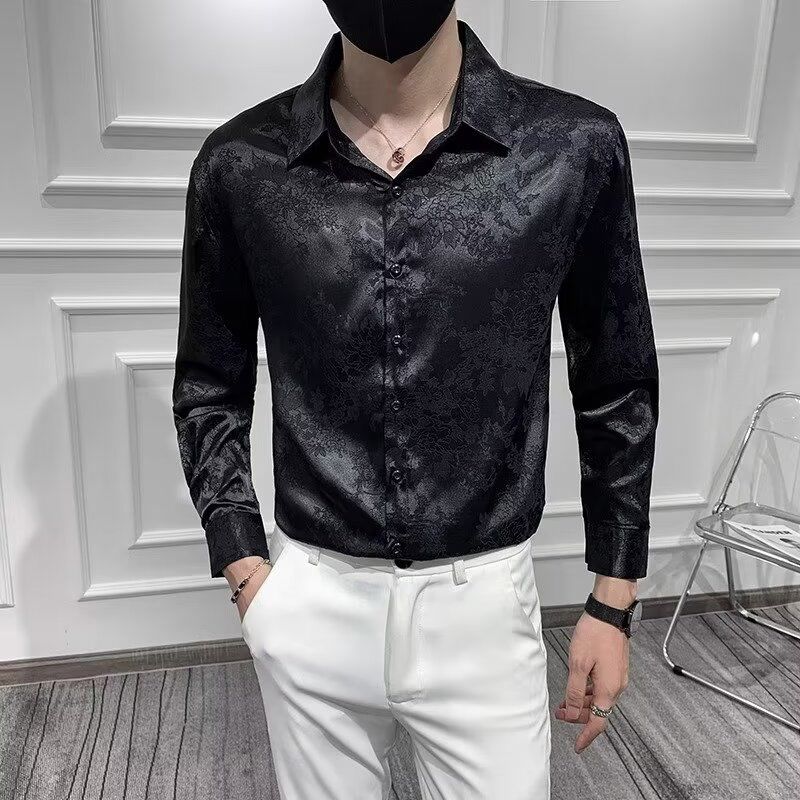 Nouveaux hommes mode coréenne haute rue luxe affaires chemise décontractée printemps revers à manches longues noir blanc mince hauts Camisas De Hombre