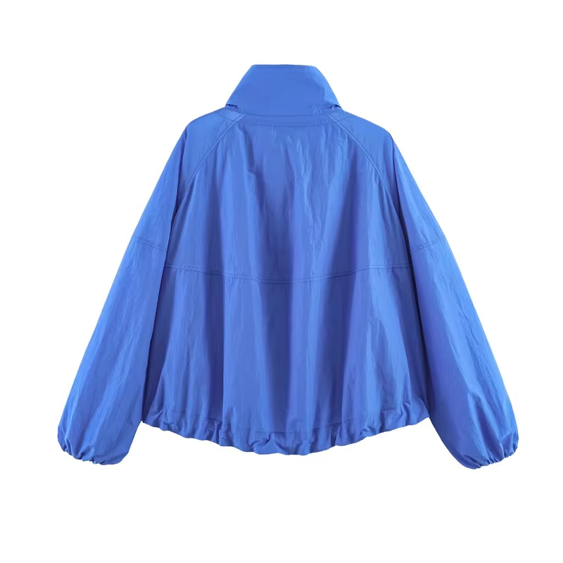 Veste pour femme 2026 Nouvelle collection été – Veste ample en nylon bleu à manches longues, plissée, avec cordon de serrage décoratif, style décontracté et polyvalent