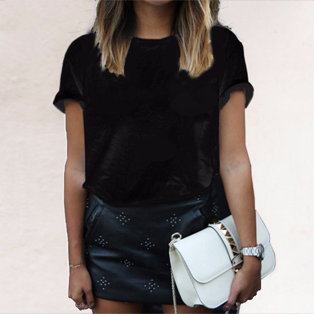 Femmes manches courtes T-shirt chemise à bascule col rond chemise noir blanc dessus de couleur unie Homewear T-shirt