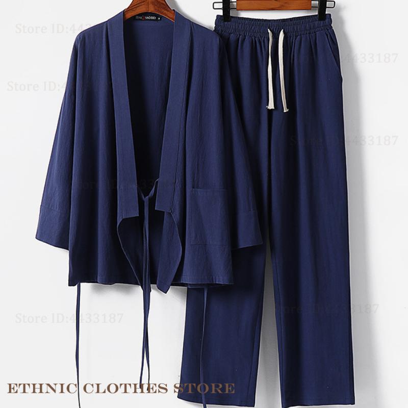 Grande taille 3XL-9XL hommes japonais Kimono Cardigan pantalon ensemble Harajuku samouraï Costume coton lin Kimono Haori Yukata veste ample