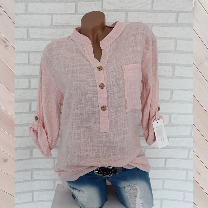 Chemisier en coton et lin pour femmes, chemises d'automne décontractées à manches longues, col en V, chemise ample, hauts pour dames, T-Shirts sur mesure