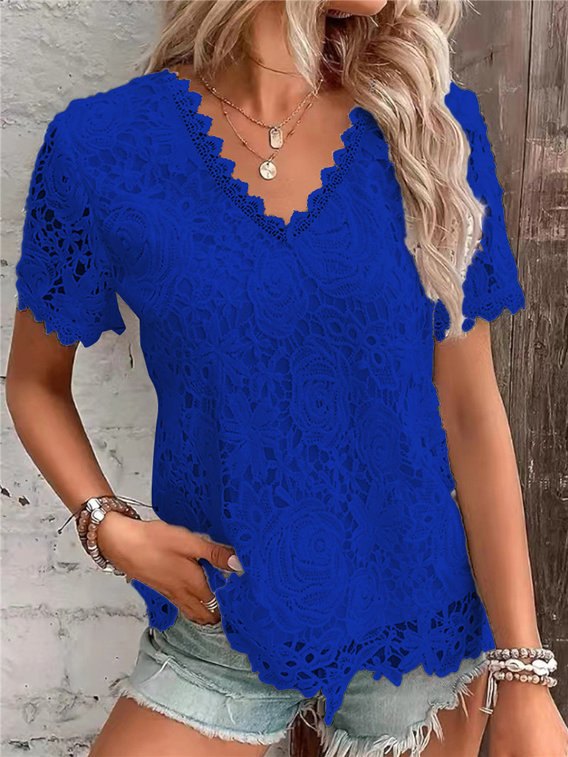 Chemise blanche élégante en dentelle pour femmes, col en V, manches courtes, chemisiers minces, monochromatique, chemises décontractées pour dames de bureau, printemps, été, nouveau, 2025
