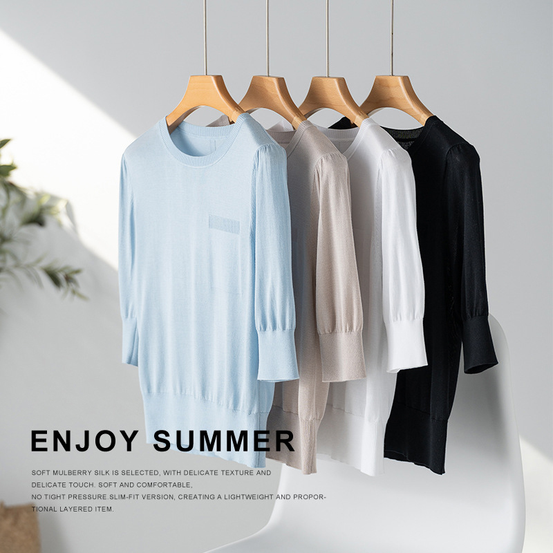T-shirt en tricot de soie de mûrier 5% pour femme, fin, à manches mi-longues, collection printemps-été
