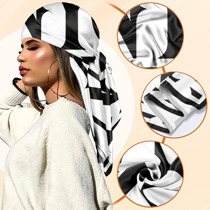 Foulard carré minimaliste français noir et blanc 90 cm en satin soyeux, bandeau et écharpe de cou pour femme, élégant pour le quotidien