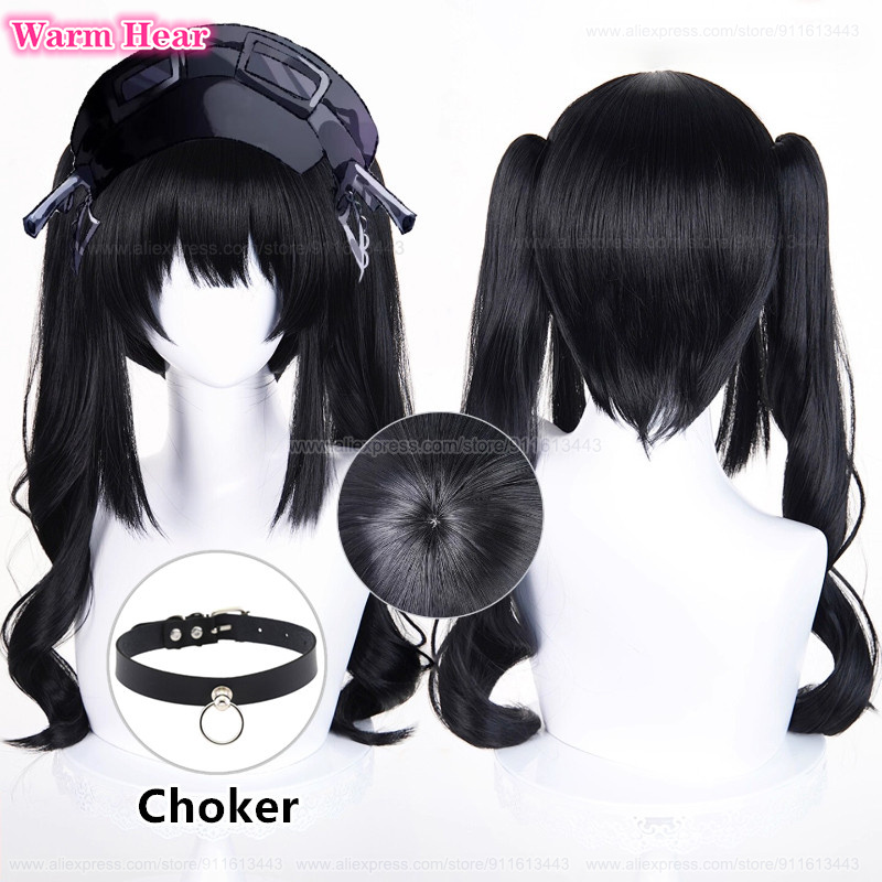 Jeu Kurobe Nanoka longue 50 cm noir Double queue de cheval cheveux bouclés Cosplay perruque résistant à la chaleur cheveux synthétiques Halloween fête perruques