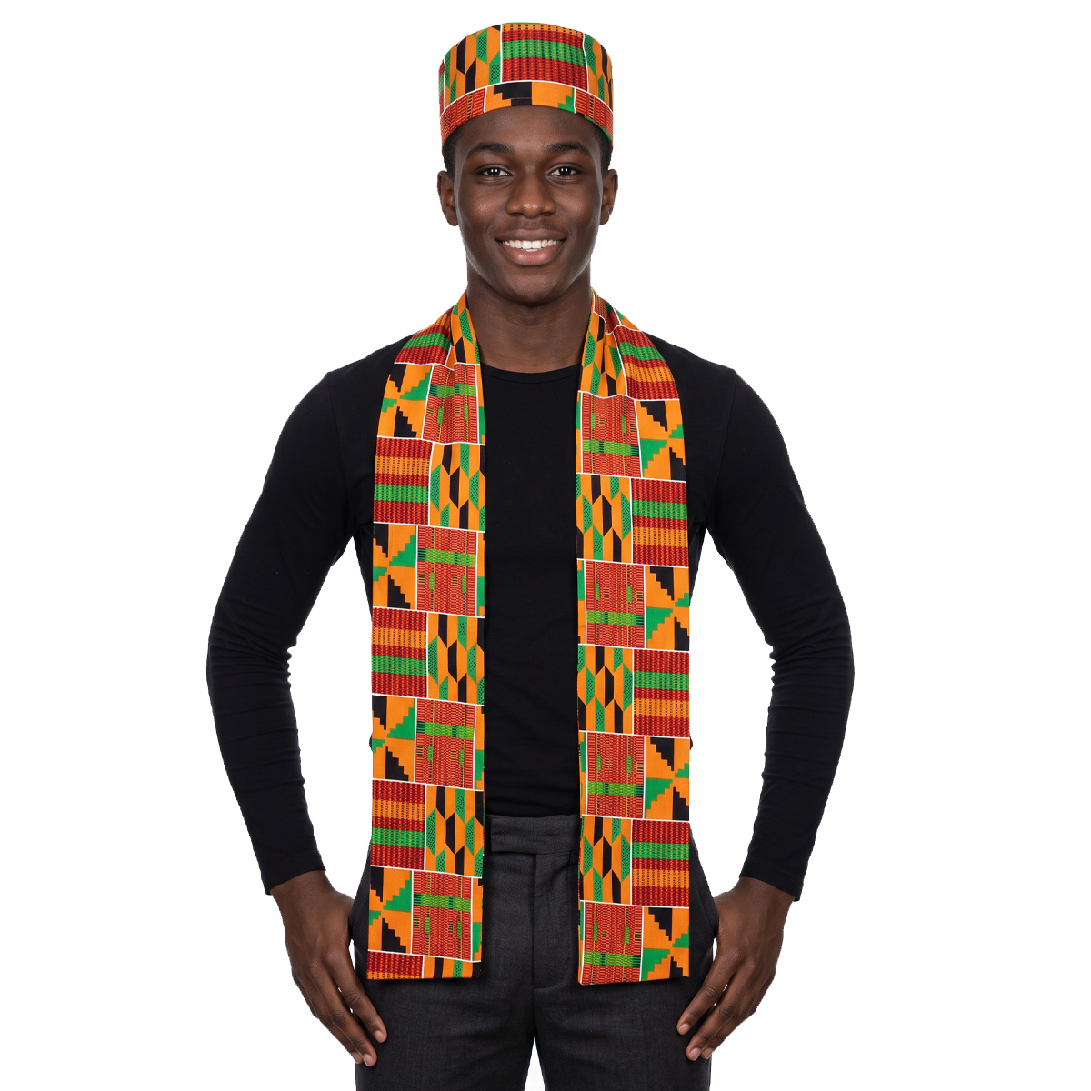 Ensemble de costumes de Cosplay à motif Kente africain, 2 pièces, avec chapeau Kufi, écharpe, étole, ceinture, histoire noire, accessoires de fête à thème africain