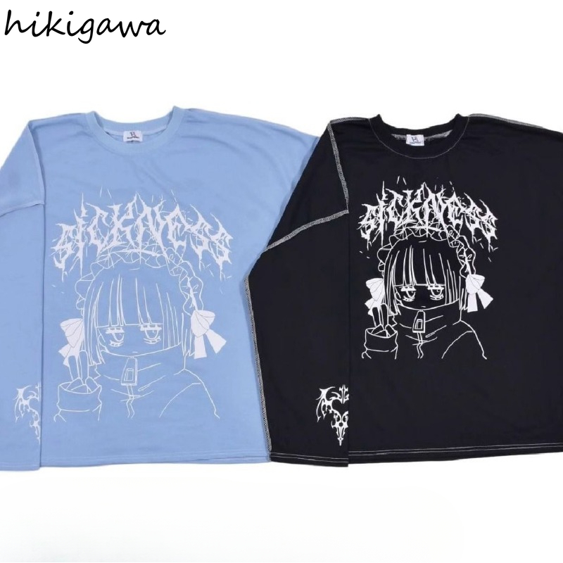 Streetwear T-shirts Femmes Vêtements Imprimé Manches Longues T-shirts Décontracté Mode Japonais Camisetas Dessin Animé Y2k Hauts T-shirts Surdimensionnés