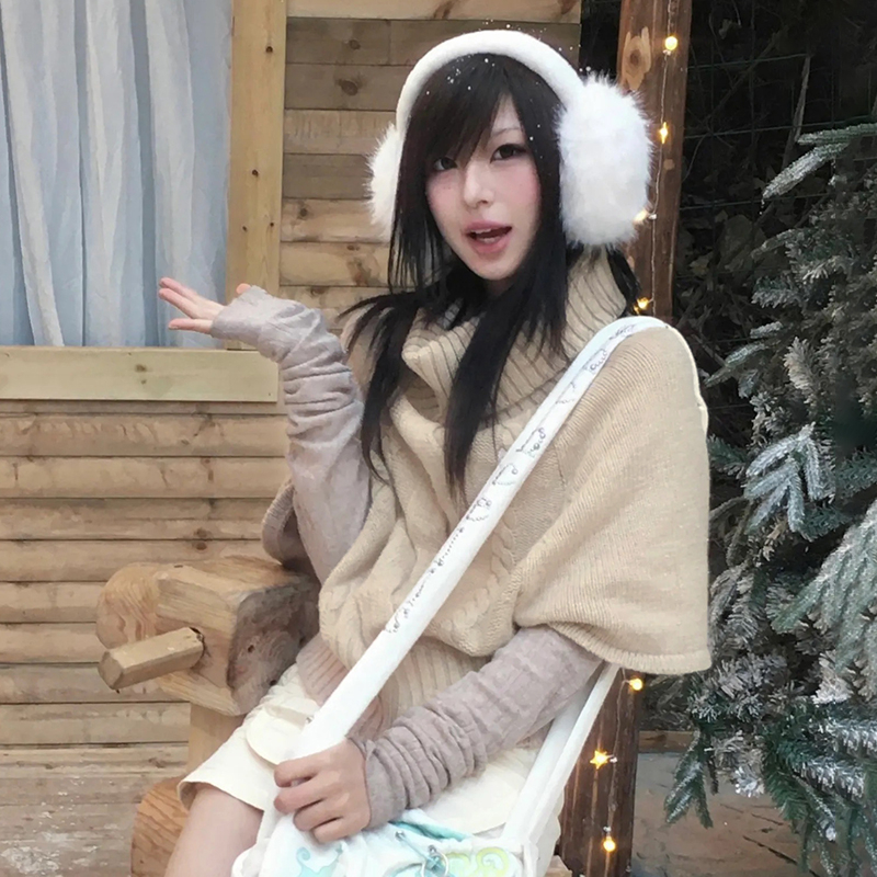 Karrram japonais Y2k kaki Cape pull Vintage Harajuku tricot pull ample Style coréen col roulé tricots 2000s esthétique