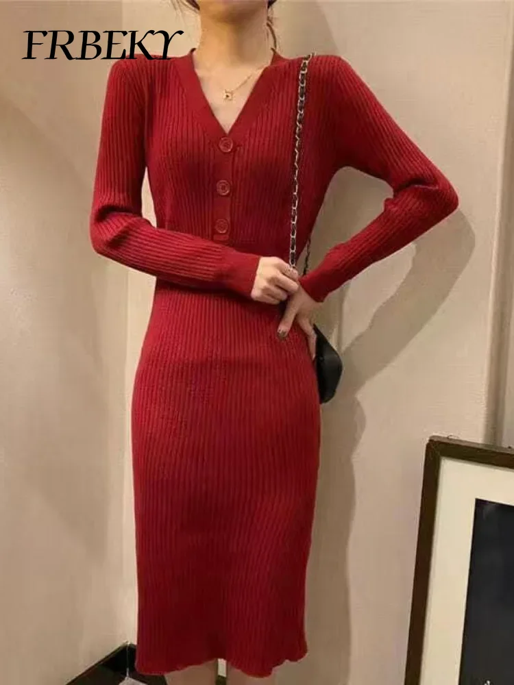 Robe pull à col en V taille élastique GT, tricots à fond de hanche, robes longues élégantes, mode mince, tambour coréen, automne