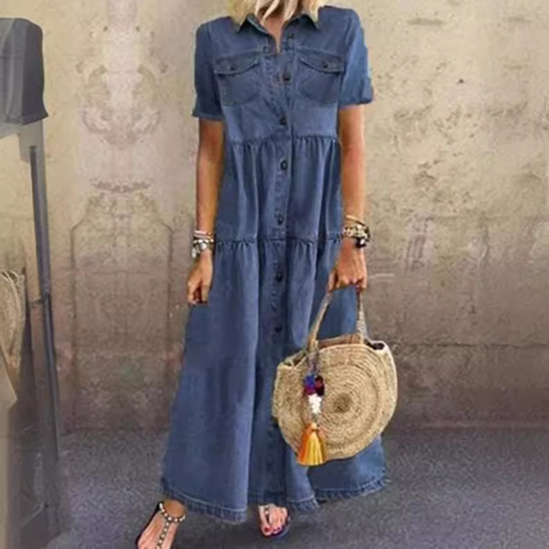 Robes pour femmes 2026 : Nouvelles robes longues en jean à col rabattu multi-boutons et manches courtes, coupe évasée, vêtements pour femmes, vestidos