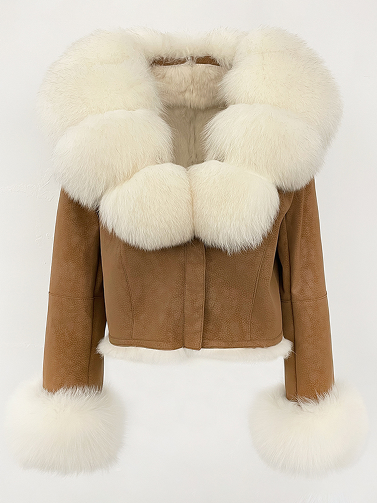 OFTBUY mode courte nouveau automne hiver fourrure vêtements réel lapin fourrure doublure daim veste femmes naturel renard fourrure col manteau femme