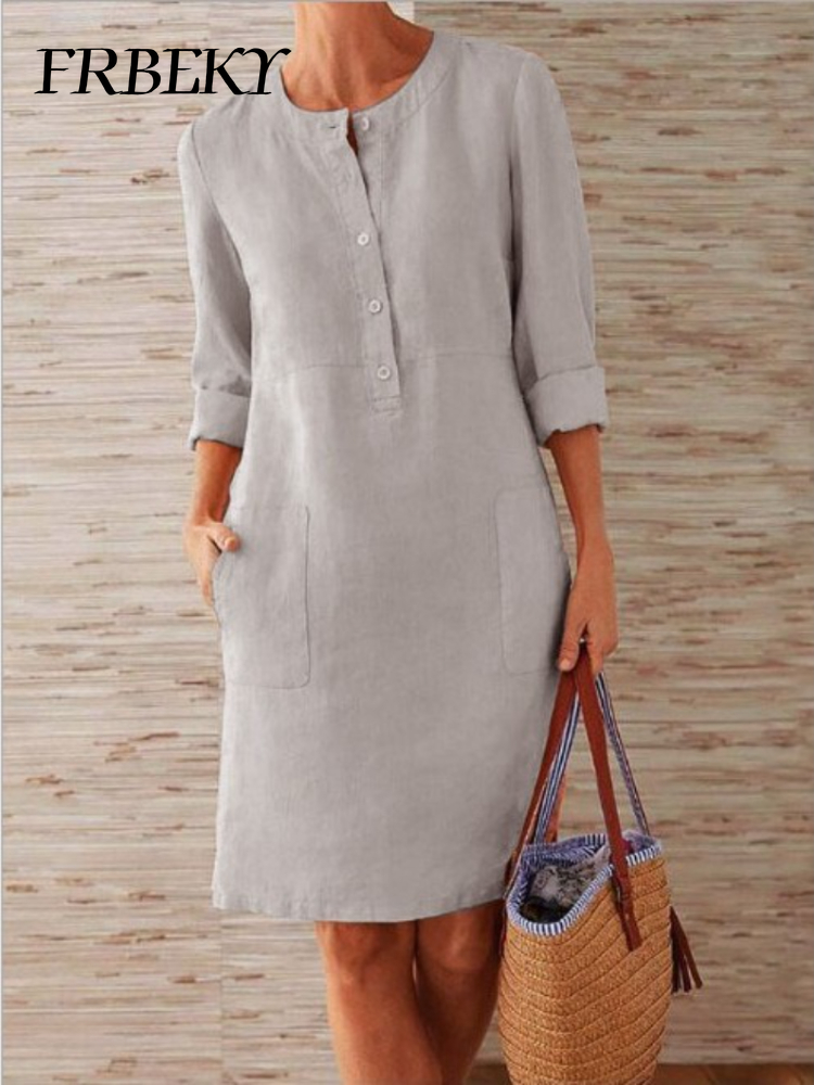 Robe blanche à manches longues et col rond pour femmes, robes décontractées bon marché, vêtements élégants pour dames, document monochrome, printemps