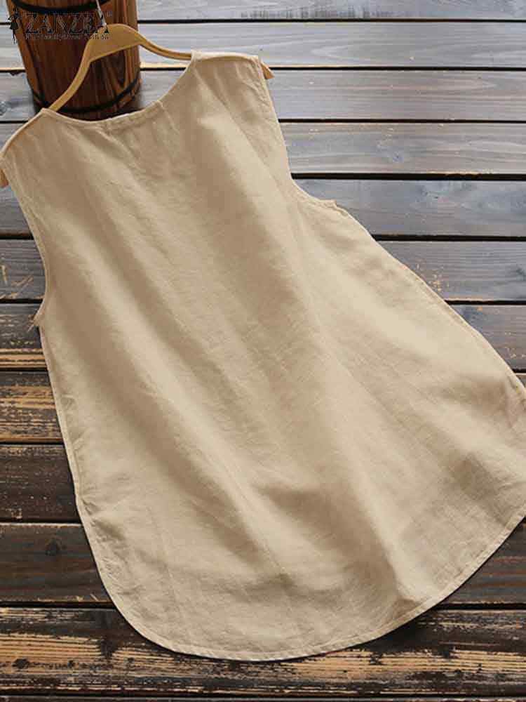 ZANZEA-Chemisier à col rond pour femme, chemise en fibre monochromatique, débardeurs en coton, mode décontractée, vêtements de plage, été, 2024