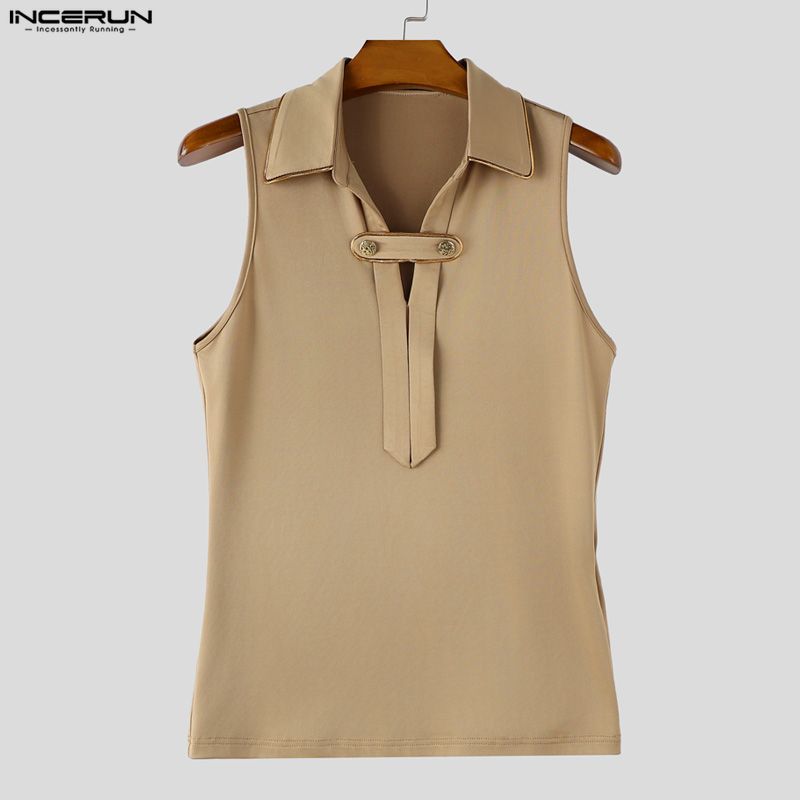 INCERUN Débardeurs Homme Patchwork Col Revers Sans Manches Boutons Décontractés Gilets Masculins Streetwear Mode Été 2026 Vêtements Homme S-3XL