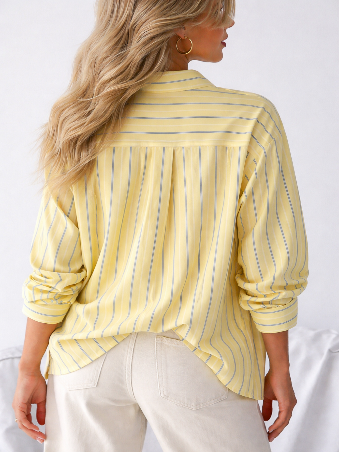 Chemise boutonnée rayée jaune pour femme, chemisier décontracté à manches longues