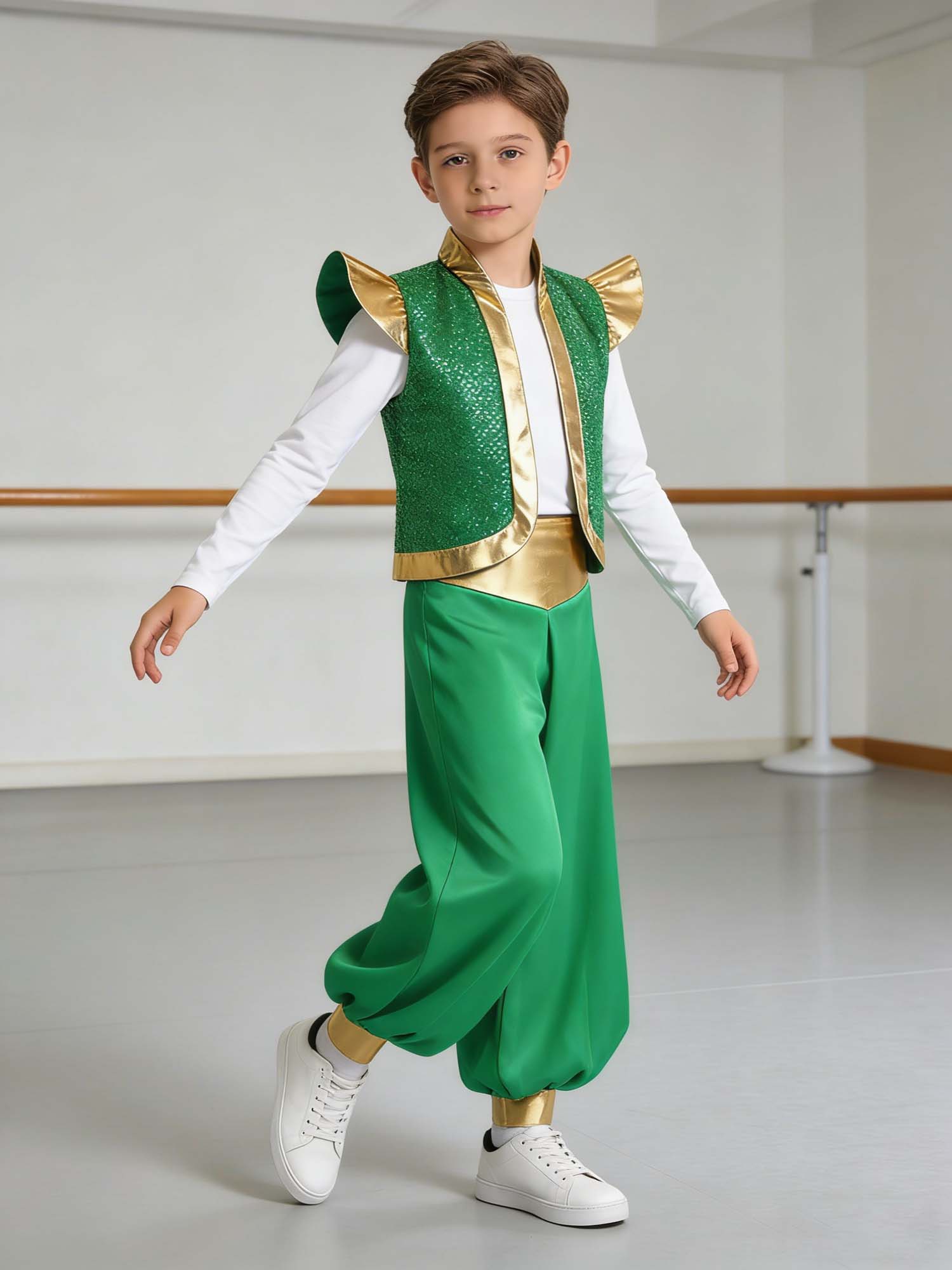 Costumes de cosplay arabes pour garçons, 2 pièces, veste arabe à paillettes métalliques avec pantalon ample à taille haute, ensemble pour fête de cosplay d'Halloween
