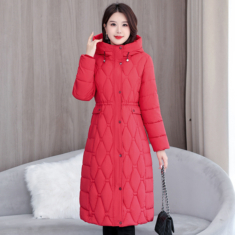 2025 mode hiver manteaux longs Parkas femmes vers le bas coton rembourré veste épaissir chaud pardessus diamant Texture vêtements d'extérieur à capuche