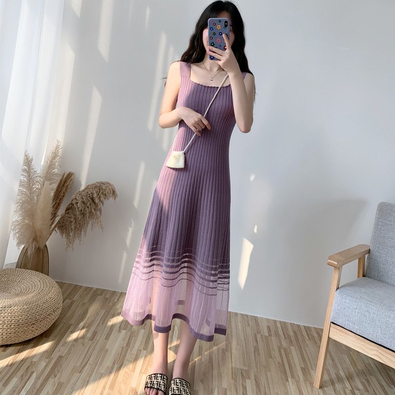 Robe d'été en gaze pour femmes, sexy, version coréenne, couleur unie, dos nu, longueur en fibre