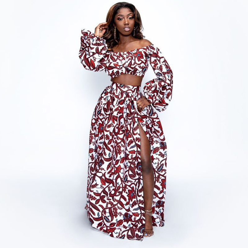 Ensemble 2 pièces imprimé national africain pour femme : Haut sexy à col bateau et manches longues + Jupe longue fendue – Tenue décontractée d'été